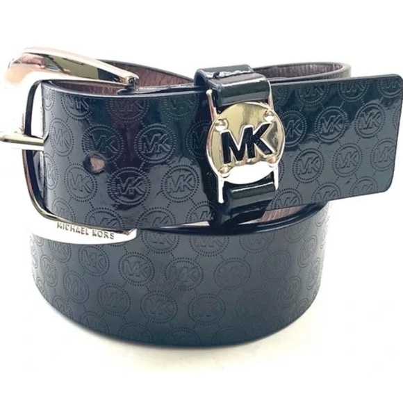 Michael Kors MK Logo Belt Black Patent Monogram Silver Hardware Sz Medium - Picture 2 of 7